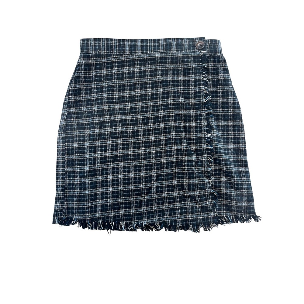 Urban Outfitters Navy Blue Plaid Frayed Wrap Mini Skirt XS High Waisted Tartan